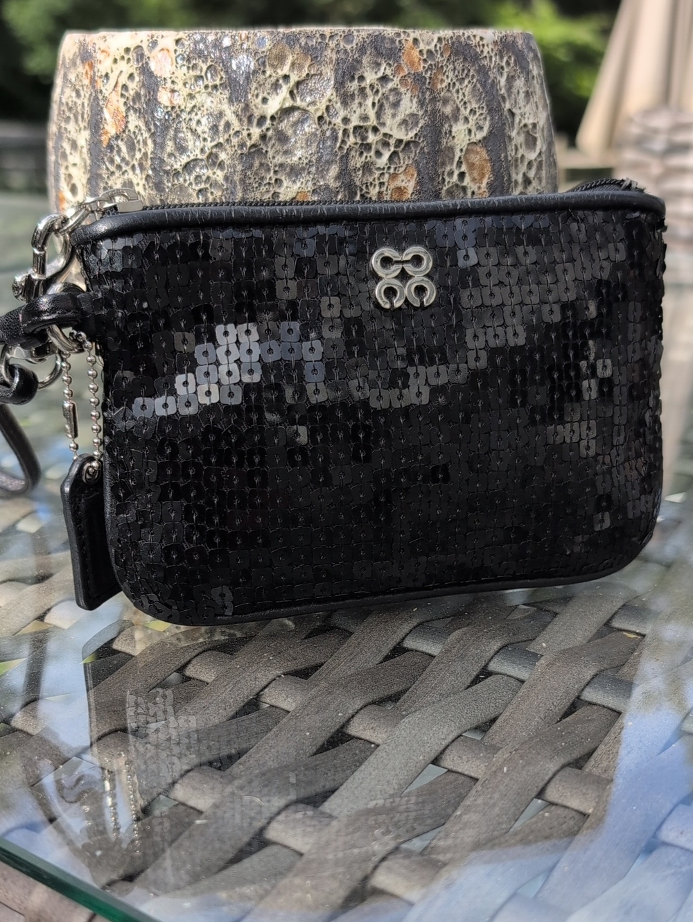 Coach Black Sequin Wristlet Pouch Silver Logo & Hardware